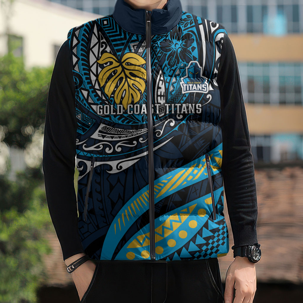 Personalised Gold Coast Titans Sleeveless Puffer Jacket Polynesian Tribal Art Style With Spartan Titan Mascot