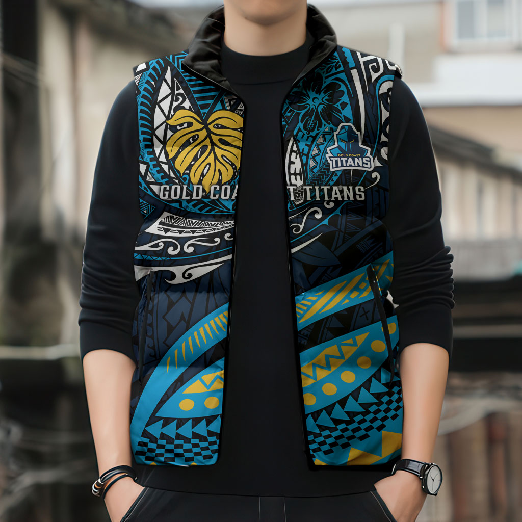 Personalised Gold Coast Titans Sleeveless Puffer Jacket Polynesian Tribal Art Style With Spartan Titan Mascot
