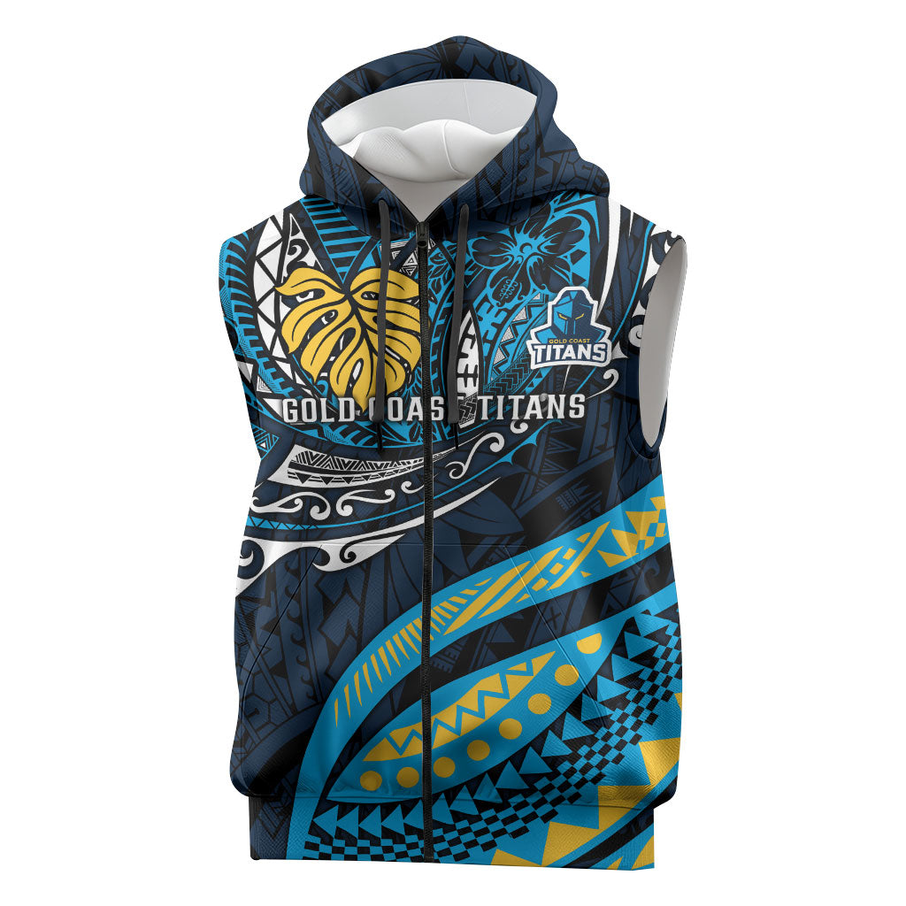 Personalised Gold Coast Titans Sleeveless Zip Hoodie Polynesian Tribal Art Style With Spartan Titan Mascot