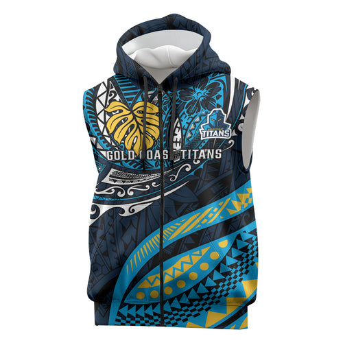 Personalised Gold Coast Titans Sleeveless Zip Hoodie Polynesian Tribal Art Style With Spartan Titan Mascot