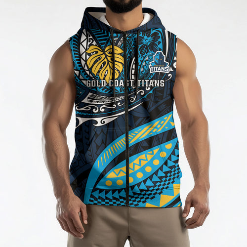 Personalised Gold Coast Titans Sleeveless Zip Hoodie Polynesian Tribal Art Style With Spartan Titan Mascot