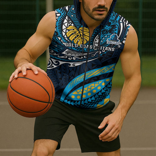 Personalised Gold Coast Titans Sleeveless Zip Hoodie Polynesian Tribal Art Style With Spartan Titan Mascot