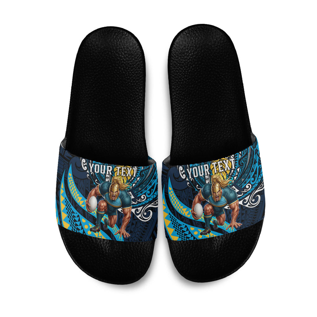 Personalised Gold Coast Titans Slide Sandals Polynesian Tribal Art Style With Spartan Titan Mascot