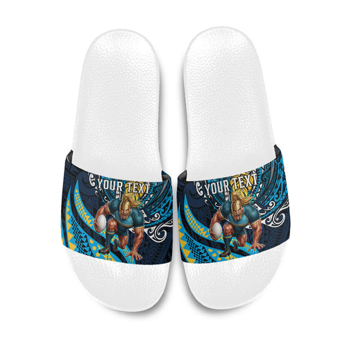Personalised Gold Coast Titans Slide Sandals Polynesian Tribal Art Style With Spartan Titan Mascot