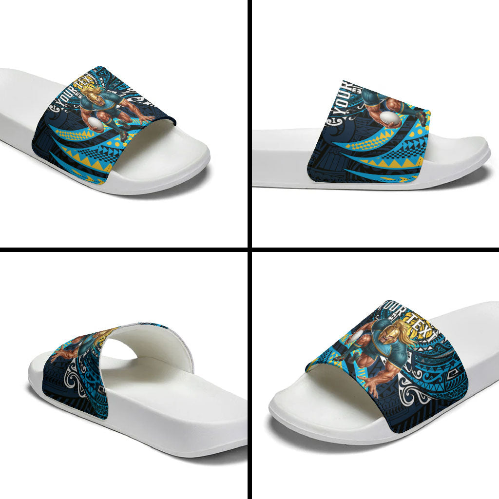 Personalised Gold Coast Titans Slide Sandals Polynesian Tribal Art Style With Spartan Titan Mascot