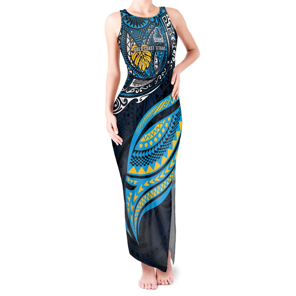 Personalised Gold Coast Titans Tank Maxi Dress Polynesian Tribal Art Style With Spartan Titan Mascot