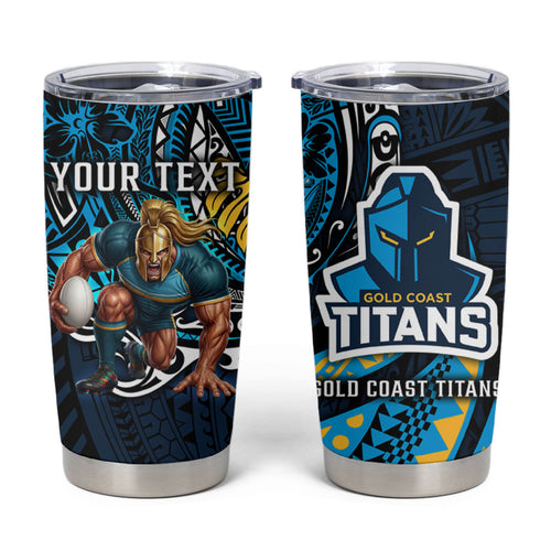 Personalised Gold Coast Titans Tumbler Cup Polynesian Tribal Art Style With Spartan Titan Mascot