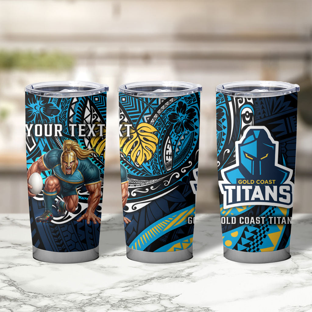 Personalised Gold Coast Titans Tumbler Cup Polynesian Tribal Art Style With Spartan Titan Mascot
