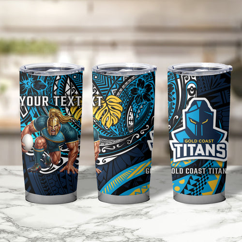 Personalised Gold Coast Titans Tumbler Cup Polynesian Tribal Art Style With Spartan Titan Mascot