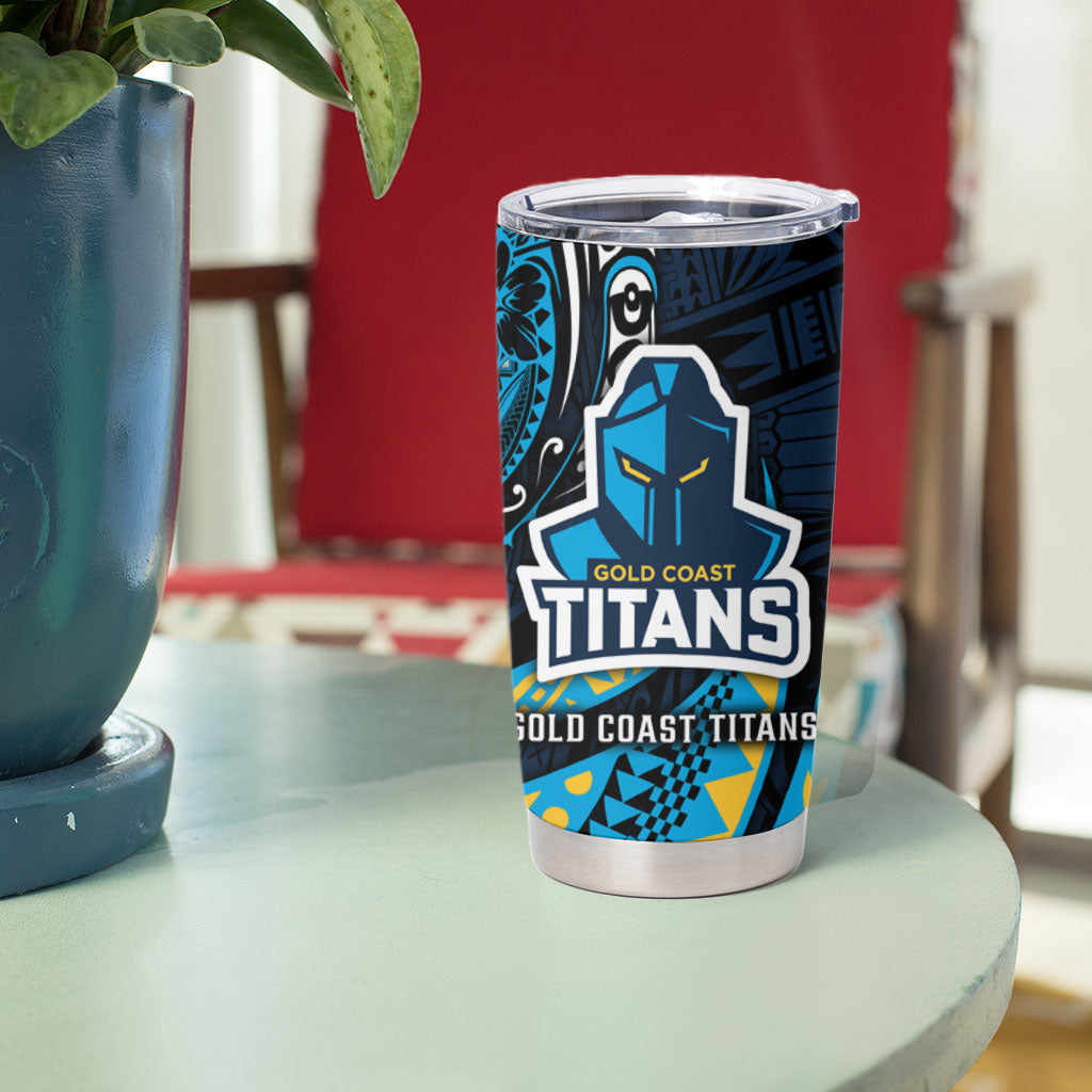 Personalised Gold Coast Titans Tumbler Cup Polynesian Tribal Art Style With Spartan Titan Mascot