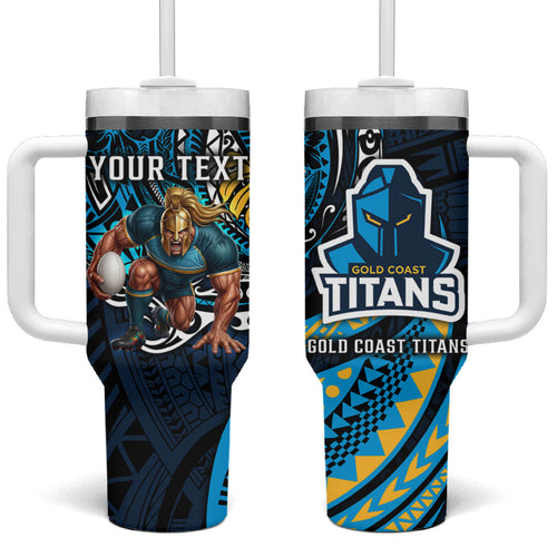 Personalised Gold Coast Titans Tumbler With Handle Polynesian Tribal Art Style With Spartan Titan Mascot