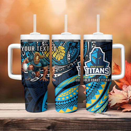 Personalised Gold Coast Titans Tumbler With Handle Polynesian Tribal Art Style With Spartan Titan Mascot