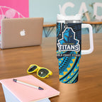 Personalised Gold Coast Titans Tumbler With Handle Polynesian Tribal Art Style With Spartan Titan Mascot