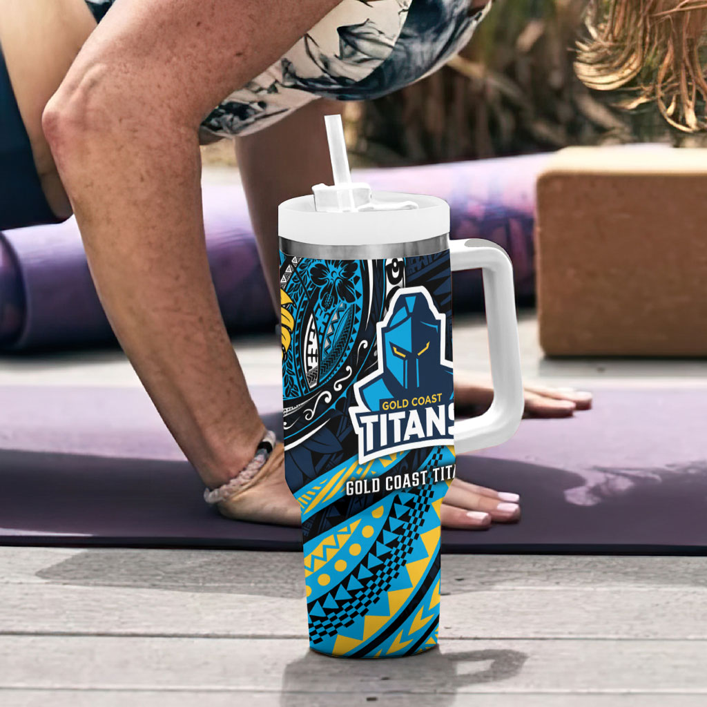Personalised Gold Coast Titans Tumbler With Handle Polynesian Tribal Art Style With Spartan Titan Mascot