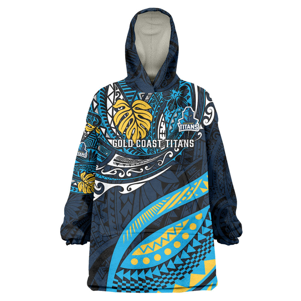 Personalised Gold Coast Titans Wearable Blanket Hoodie Polynesian Tribal Art Style With Spartan Titan Mascot