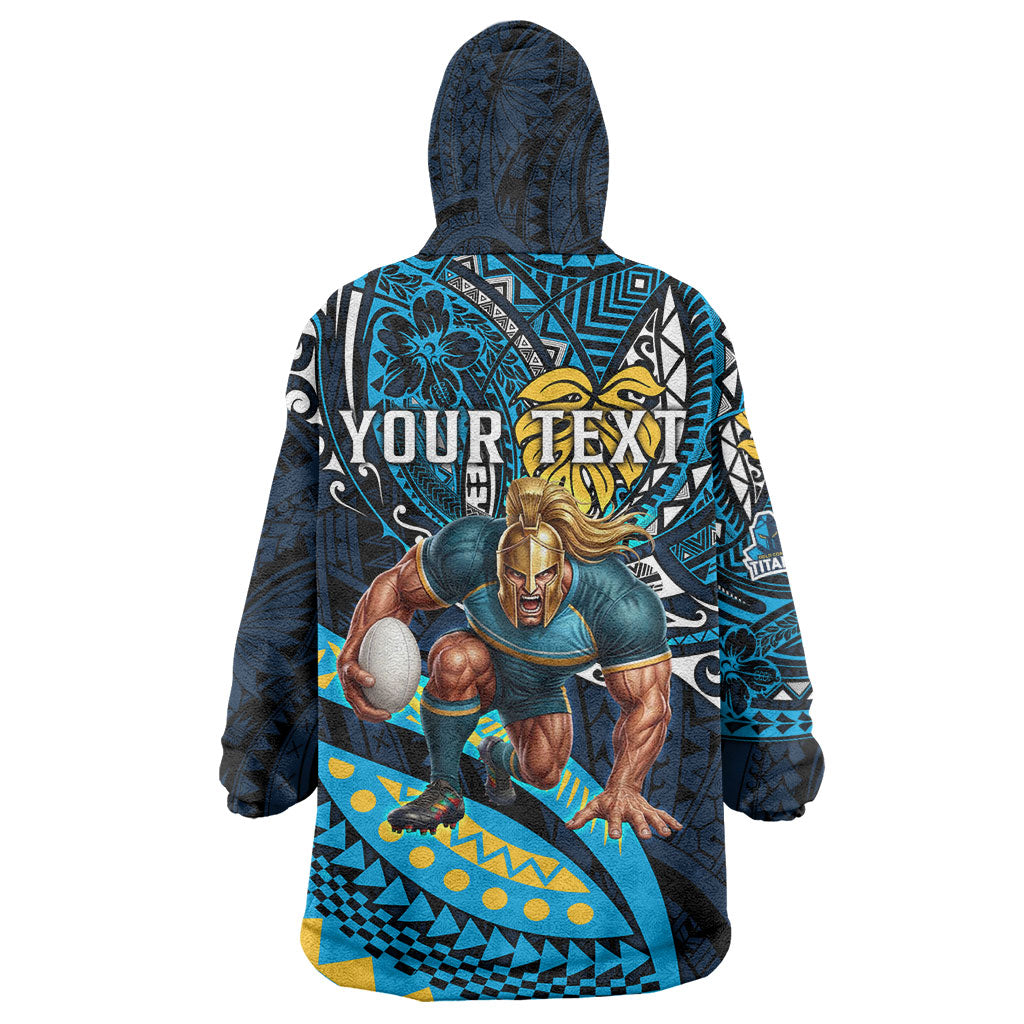 Personalised Gold Coast Titans Wearable Blanket Hoodie Polynesian Tribal Art Style With Spartan Titan Mascot