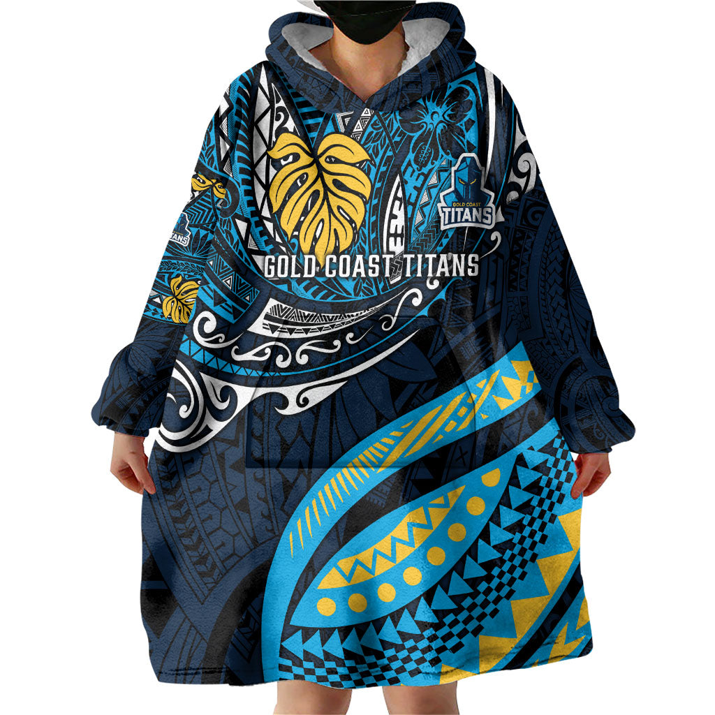 Personalised Gold Coast Titans Wearable Blanket Hoodie Polynesian Tribal Art Style With Spartan Titan Mascot