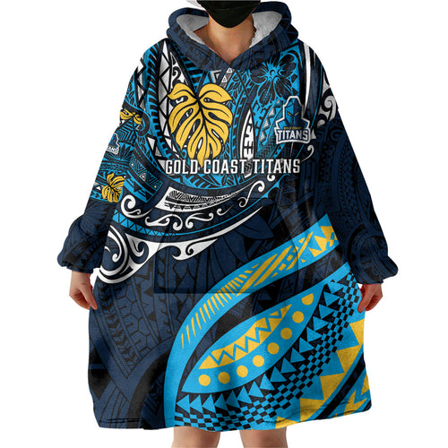 Personalised Gold Coast Titans Wearable Blanket Hoodie Polynesian Tribal Art Style With Spartan Titan Mascot