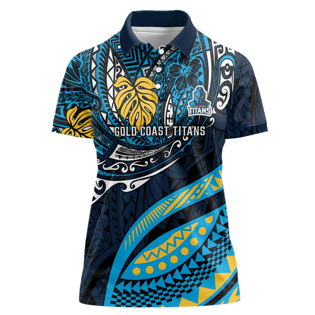 Personalised Gold Coast Titans Women Polo Shirt Polynesian Tribal Art Style With Spartan Titan Mascot