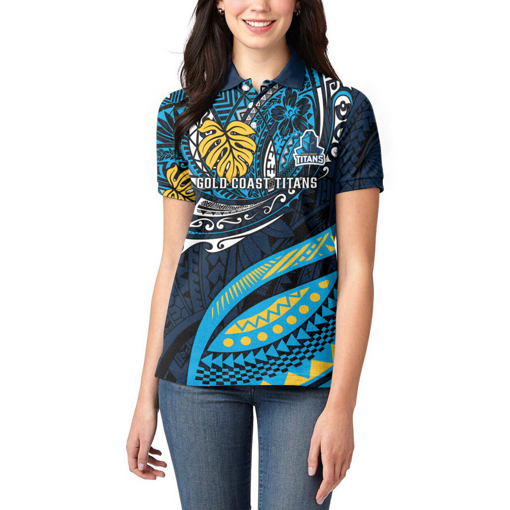 Personalised Gold Coast Titans Women Polo Shirt Polynesian Tribal Art Style With Spartan Titan Mascot