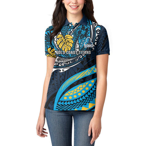 Personalised Gold Coast Titans Women Polo Shirt Polynesian Tribal Art Style With Spartan Titan Mascot