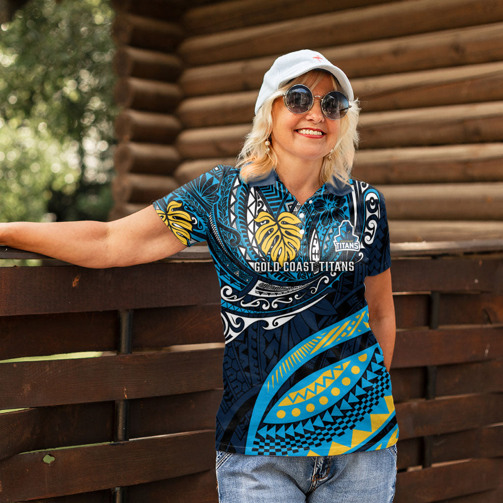Personalised Gold Coast Titans Women Polo Shirt Polynesian Tribal Art Style With Spartan Titan Mascot