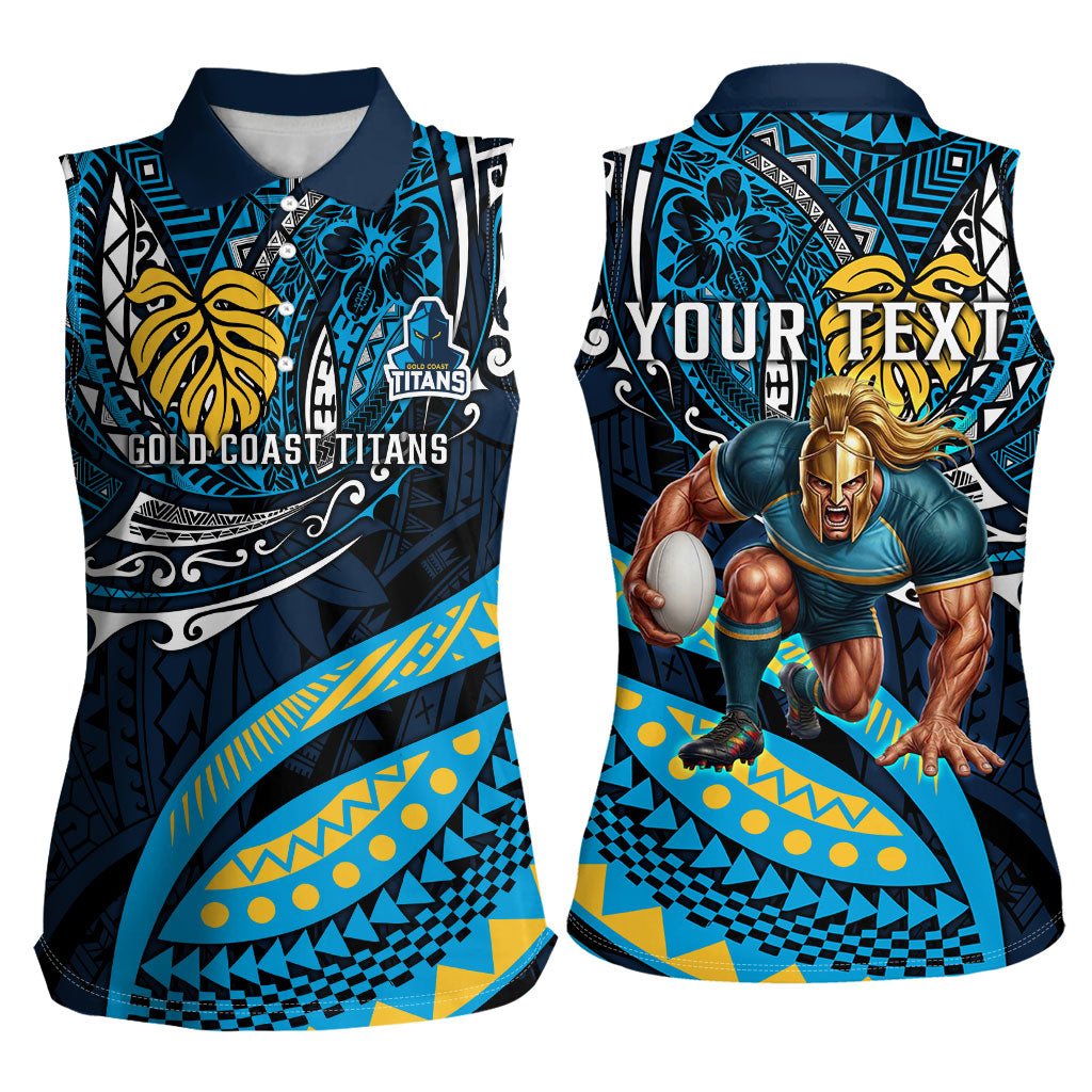 Personalised Gold Coast Titans Women Sleeveless Polo Shirt Polynesian Tribal Art Style With Spartan Titan Mascot