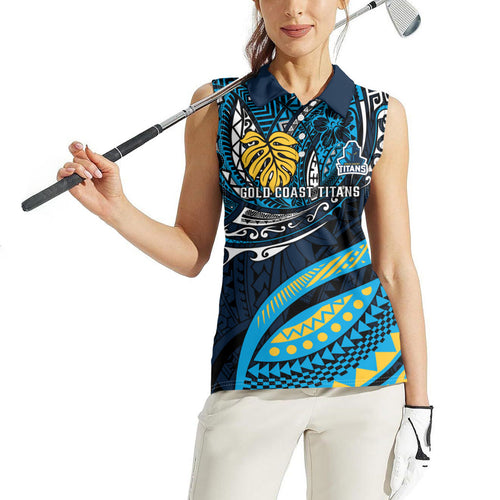 Personalised Gold Coast Titans Women Sleeveless Polo Shirt Polynesian Tribal Art Style With Spartan Titan Mascot