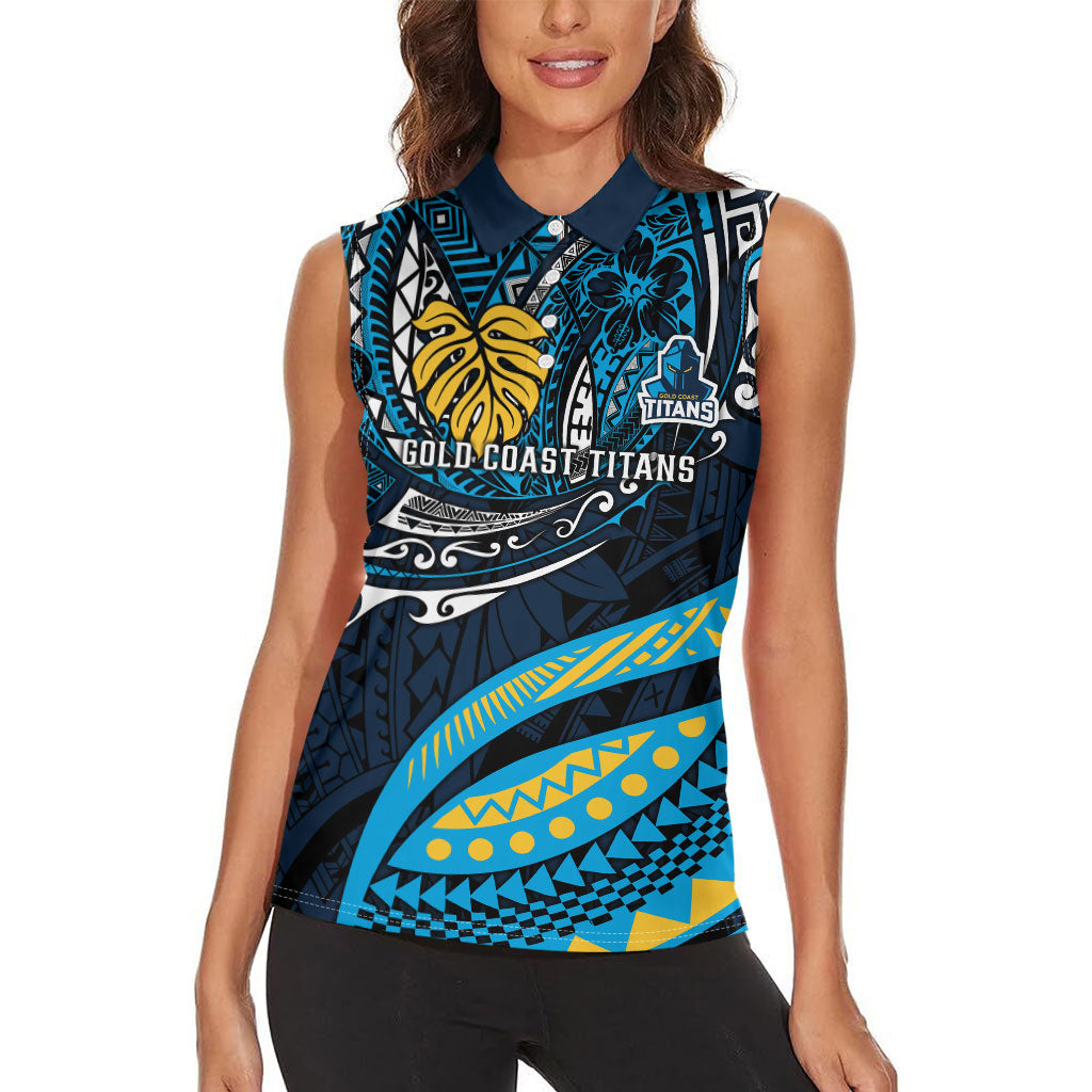 Personalised Gold Coast Titans Women Sleeveless Polo Shirt Polynesian Tribal Art Style With Spartan Titan Mascot