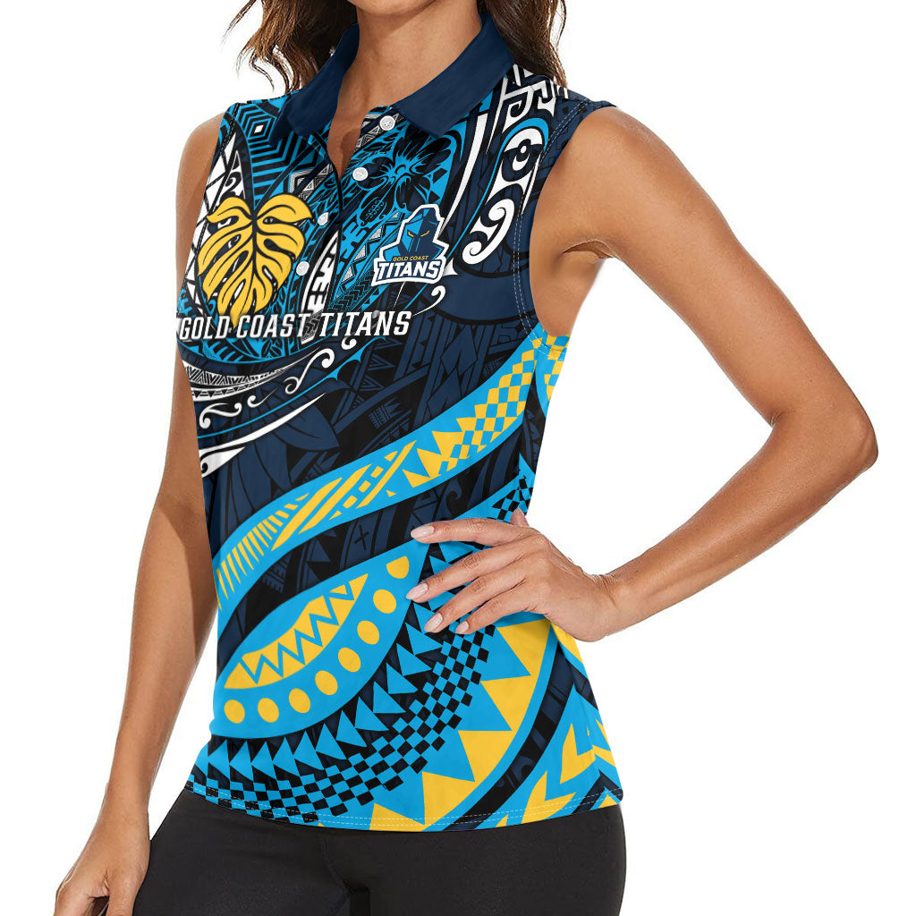 Personalised Gold Coast Titans Women Sleeveless Polo Shirt Polynesian Tribal Art Style With Spartan Titan Mascot