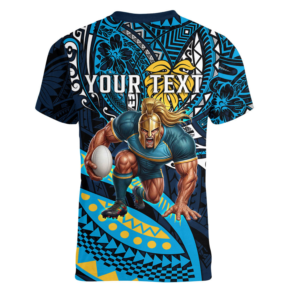 Personalised Gold Coast Titans Women V-Neck T-Shirt Polynesian Tribal Art Style With Spartan Titan Mascot