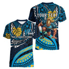 Personalised Gold Coast Titans Women V-Neck T-Shirt Polynesian Tribal Art Style With Spartan Titan Mascot