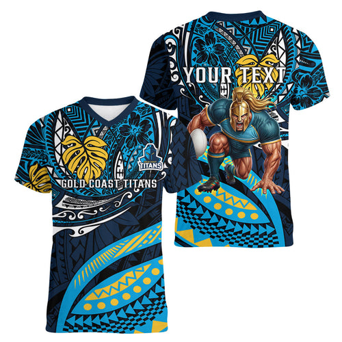 Personalised Gold Coast Titans Women V-Neck T-Shirt Polynesian Tribal Art Style With Spartan Titan Mascot