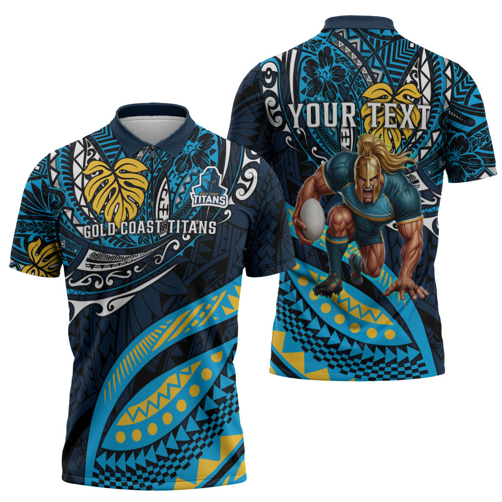 Personalised Gold Coast Titans Zipper Polo Shirt Polynesian Tribal Art Style With Spartan Titan Mascot