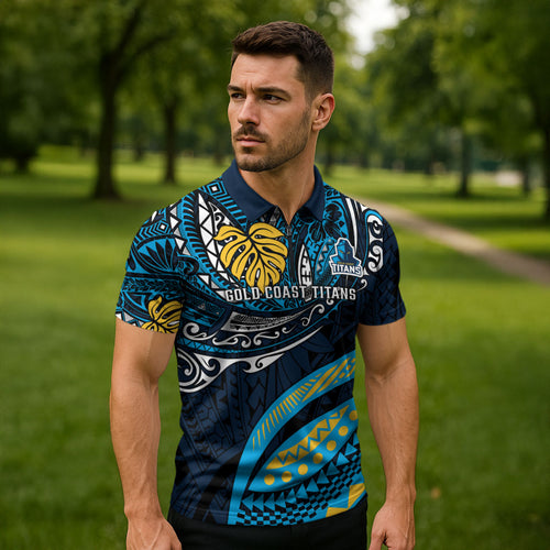 Personalised Gold Coast Titans Zipper Polo Shirt Polynesian Tribal Art Style With Spartan Titan Mascot
