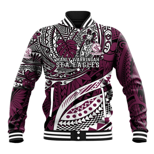 Personalised Manly Warringah Sea Eagles Baseball Jacket Polynesian Tribal Art Style With Muscular Sea Eagle Mascot