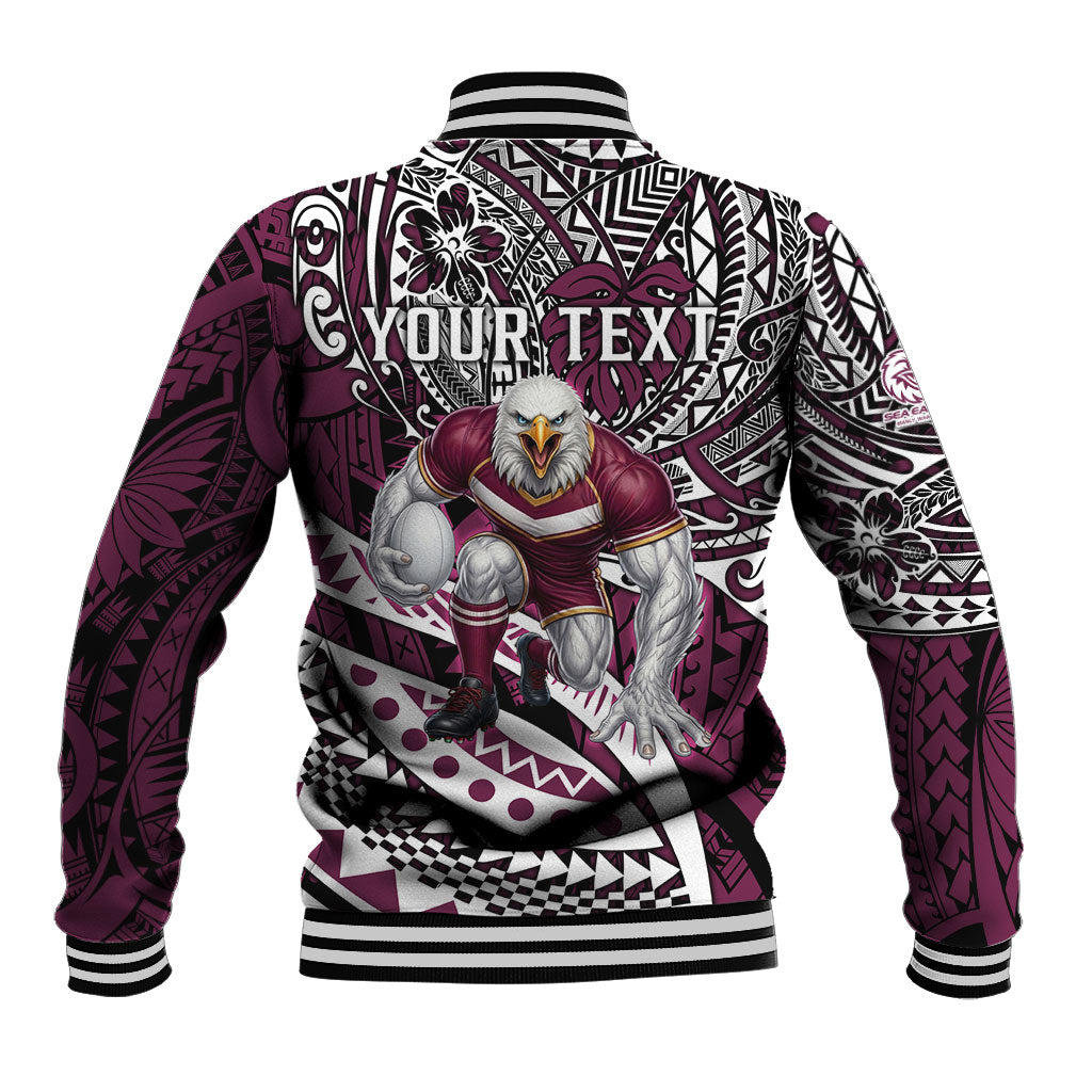 Personalised Manly Warringah Sea Eagles Baseball Jacket Polynesian Tribal Art Style With Muscular Sea Eagle Mascot