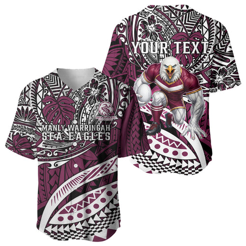 Personalised Manly Warringah Sea Eagles Baseball Jersey Polynesian Tribal Art Style With Muscular Sea Eagle Mascot