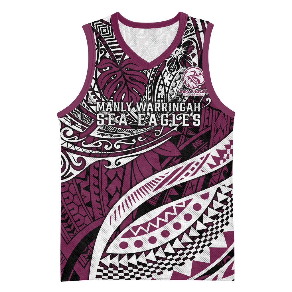Personalised Manly Warringah Sea Eagles Basketball Jersey Polynesian Tribal Art Style With Muscular Sea Eagle Mascot