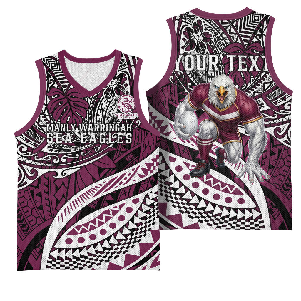Personalised Manly Warringah Sea Eagles Basketball Jersey Polynesian Tribal Art Style With Muscular Sea Eagle Mascot