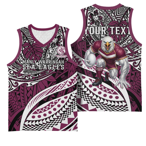 Personalised Manly Warringah Sea Eagles Basketball Jersey Polynesian Tribal Art Style With Muscular Sea Eagle Mascot
