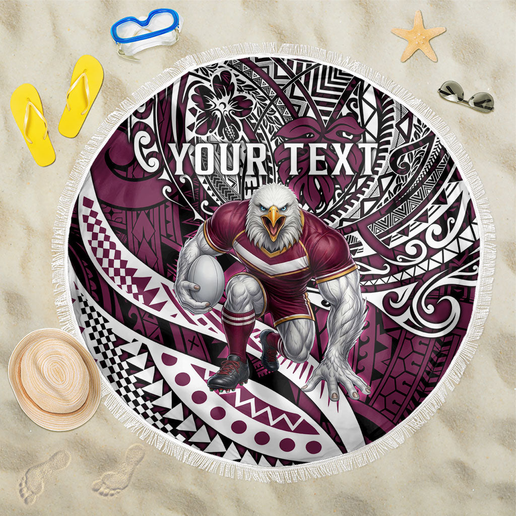 Personalised Manly Warringah Sea Eagles Beach Blanket Polynesian Tribal Art Style With Muscular Sea Eagle Mascot