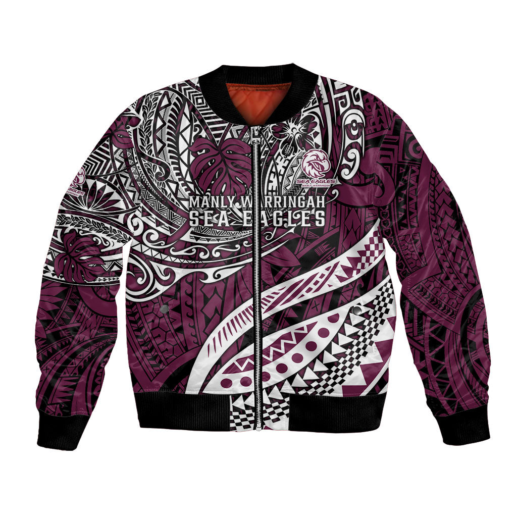 Personalised Manly Warringah Sea Eagles Bomber Jacket Polynesian Tribal Art Style With Muscular Sea Eagle Mascot