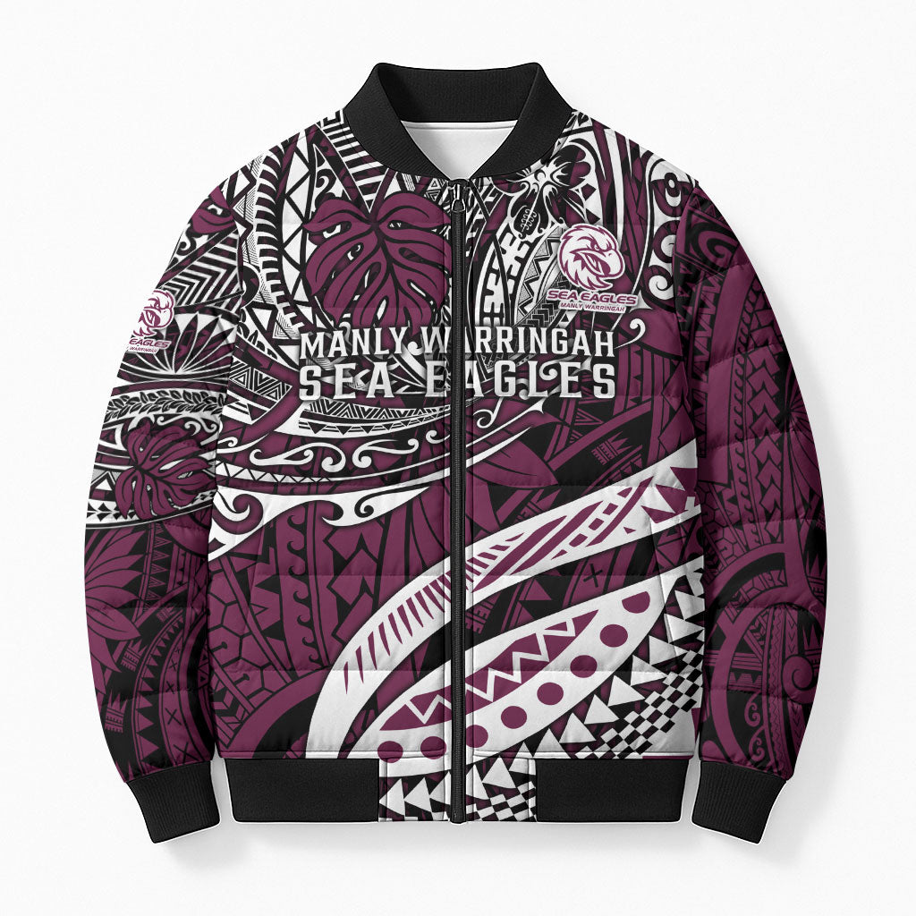 Personalised Manly Warringah Sea Eagles Bomber Puffer Jacket Polynesian Tribal Art Style With Muscular Sea Eagle Mascot