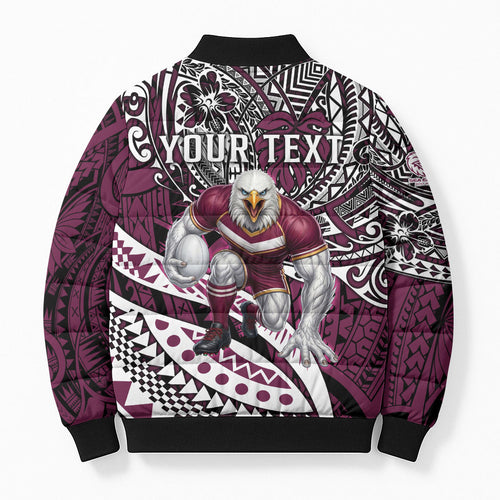 Personalised Manly Warringah Sea Eagles Bomber Puffer Jacket Polynesian Tribal Art Style With Muscular Sea Eagle Mascot