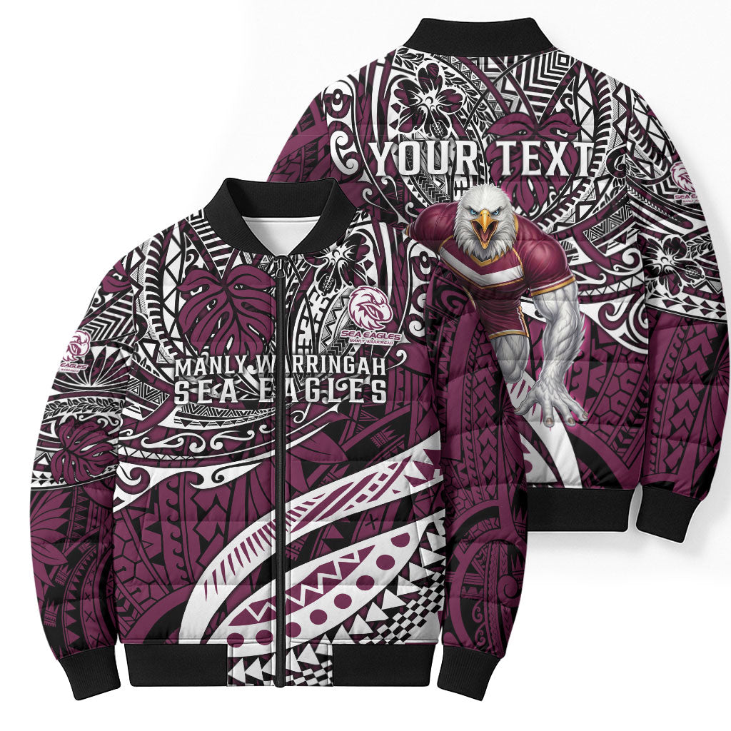 Personalised Manly Warringah Sea Eagles Bomber Puffer Jacket Polynesian Tribal Art Style With Muscular Sea Eagle Mascot