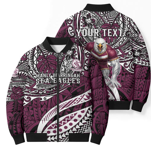 Personalised Manly Warringah Sea Eagles Bomber Puffer Jacket Polynesian Tribal Art Style With Muscular Sea Eagle Mascot