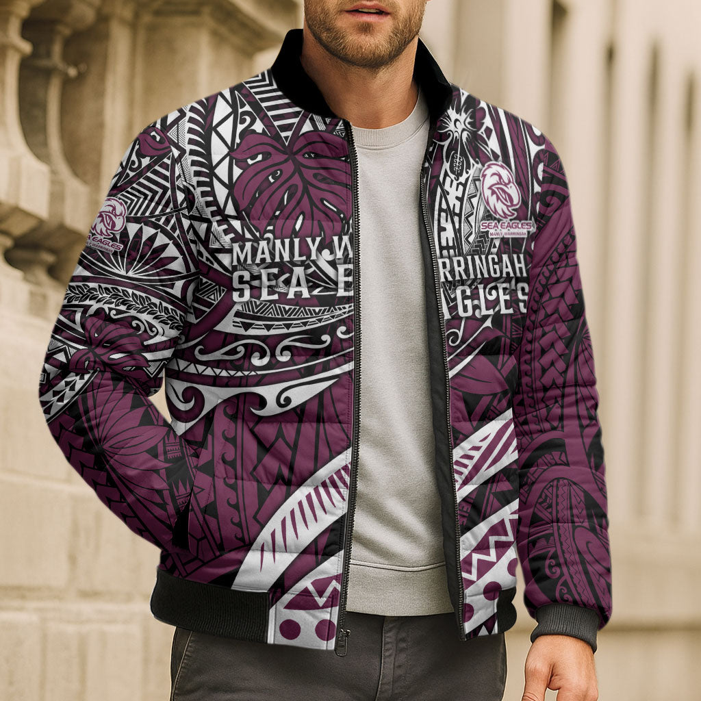 Personalised Manly Warringah Sea Eagles Bomber Puffer Jacket Polynesian Tribal Art Style With Muscular Sea Eagle Mascot