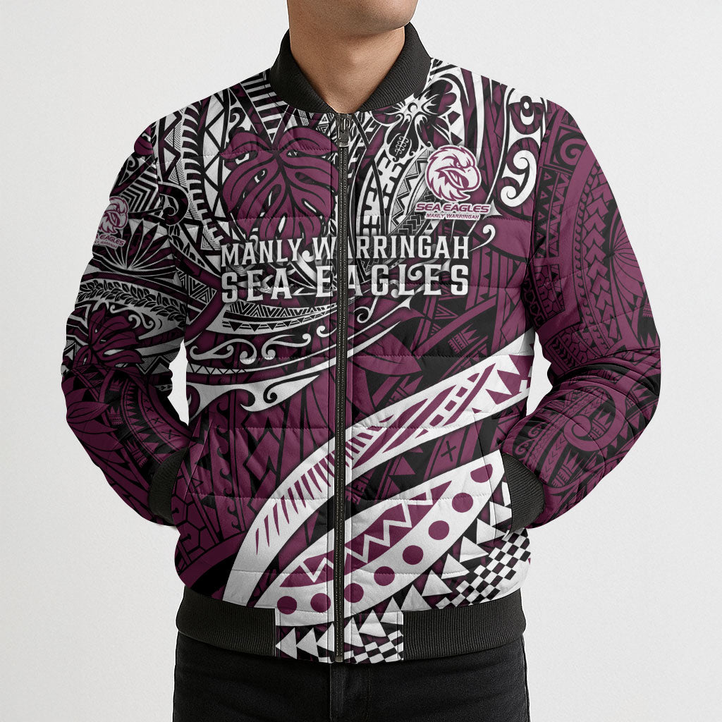 Personalised Manly Warringah Sea Eagles Bomber Puffer Jacket Polynesian Tribal Art Style With Muscular Sea Eagle Mascot