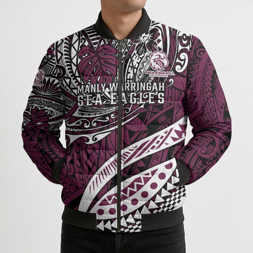 Personalised Manly Warringah Sea Eagles Bomber Puffer Jacket Polynesian Tribal Art Style With Muscular Sea Eagle Mascot